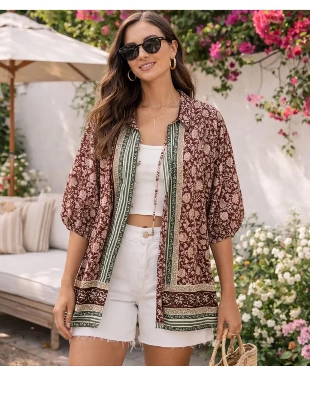 Free People Brown Floral Border-Print Tie-Neck Blouse